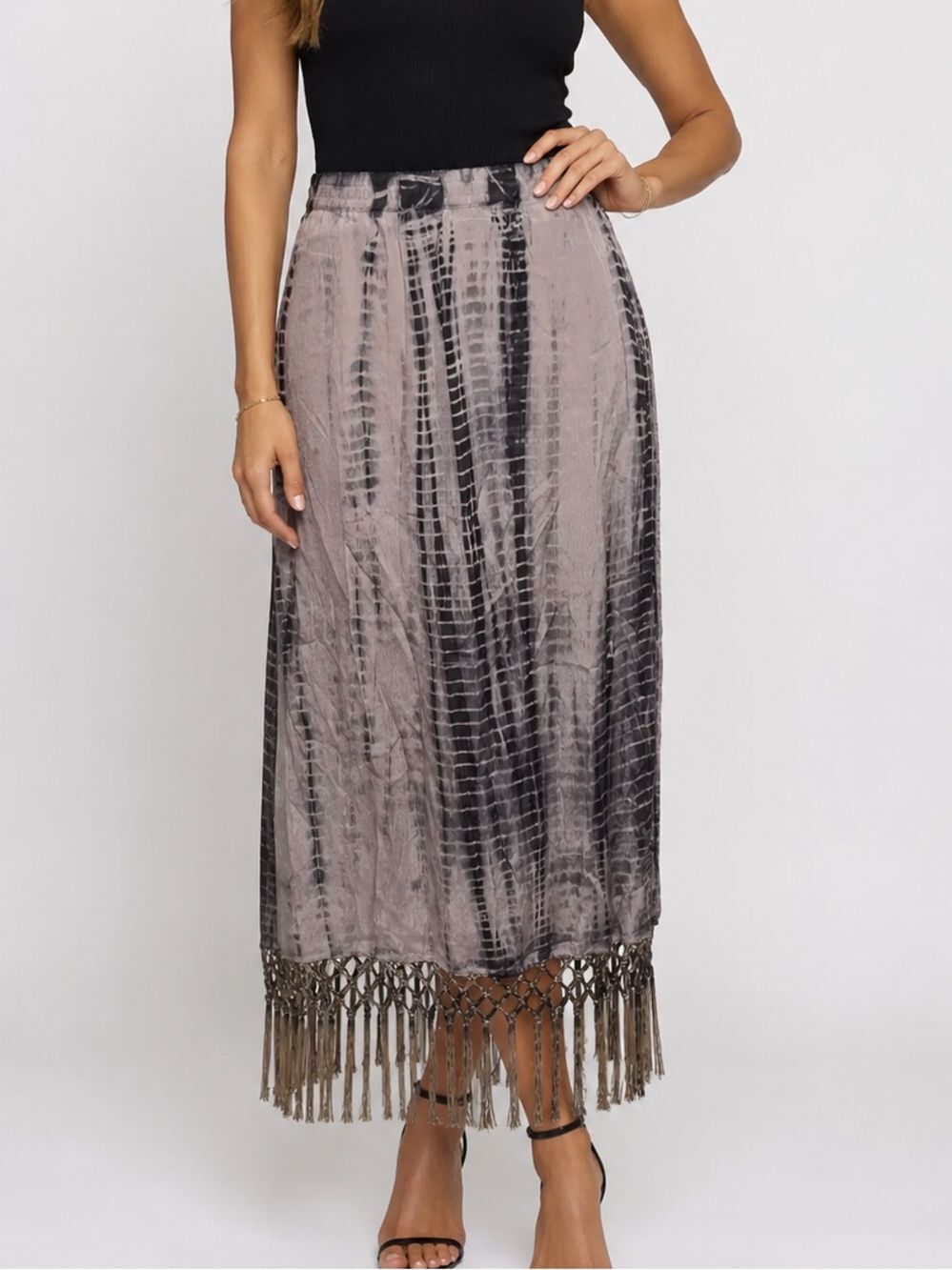 Chico's NWT Women’s Size 1 (M) Tie Dye Fringe Brown Maxi Skirt Combo Rayon Boho